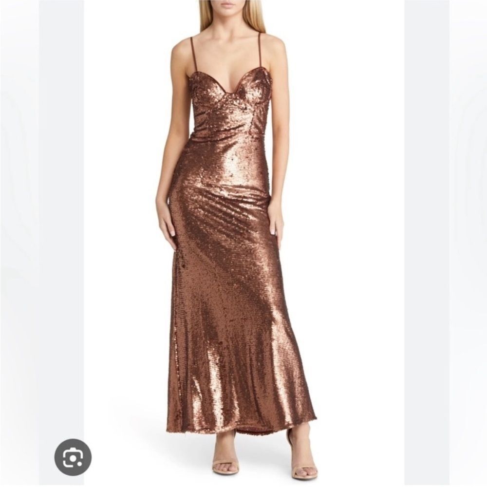 NWT Bardot Stasia Sequined Corset Maxi Dress in Bronze 8